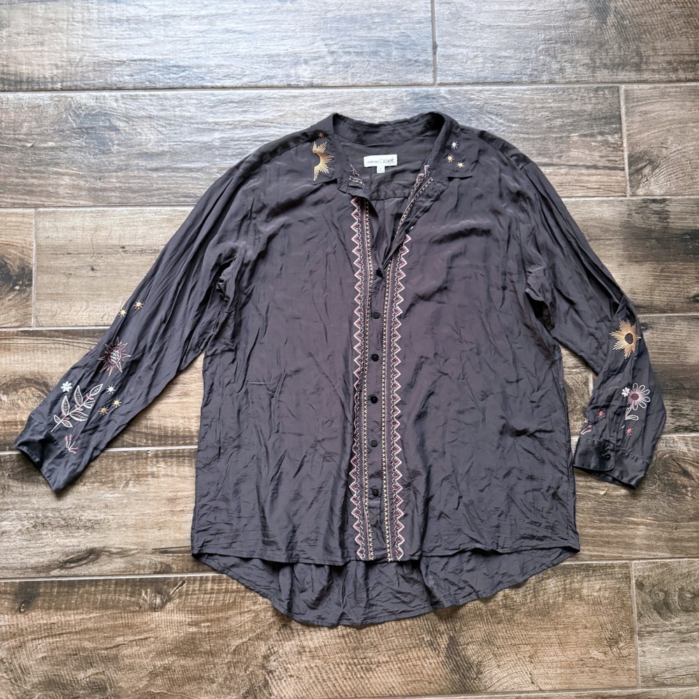 Johnny Was Calme Celestial Embroidered Oversized Silk Blend Tunic Shirt,Black,XL